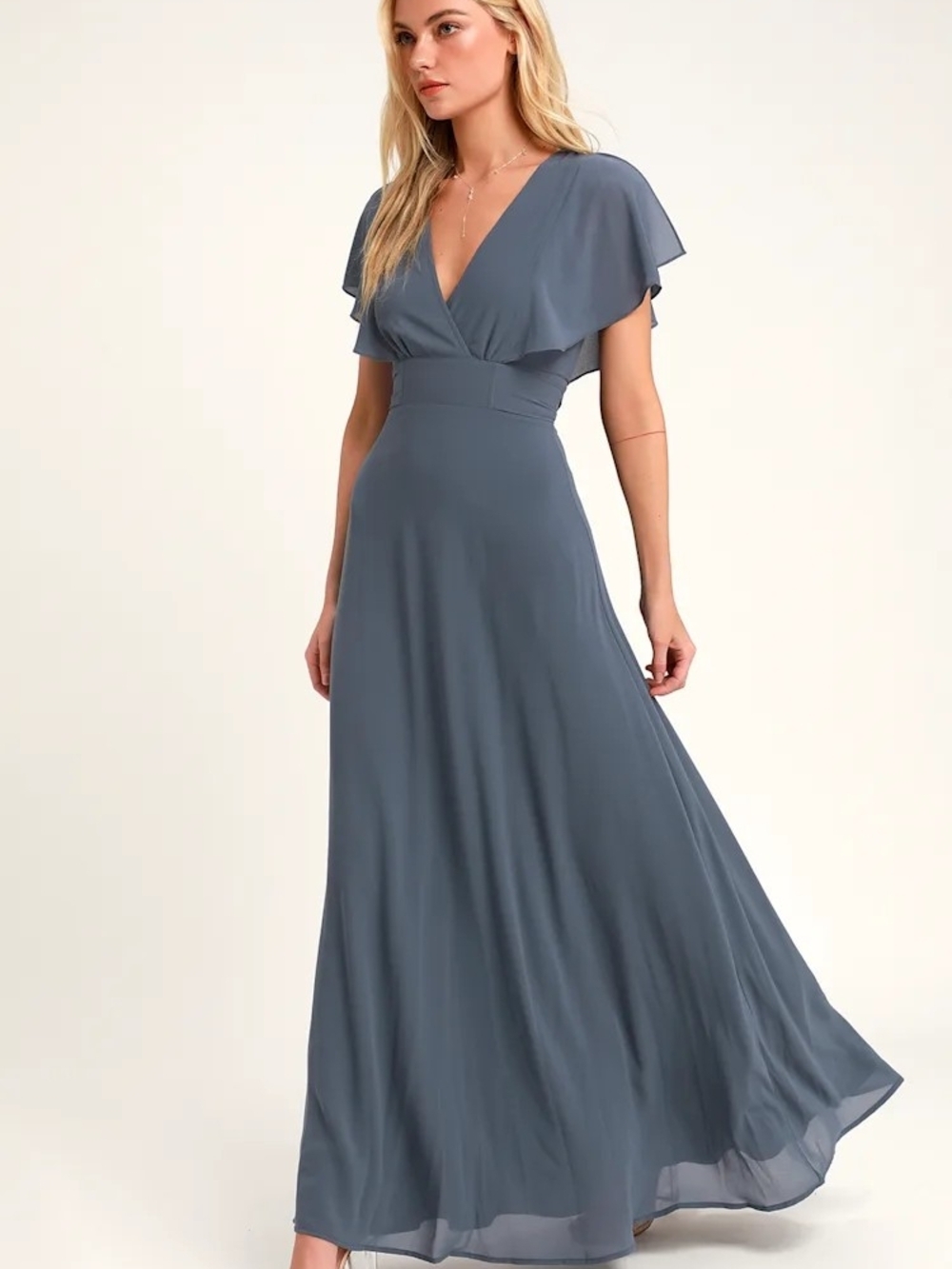 V-Neck Slate Maxi Dress with Flutter Sleeves